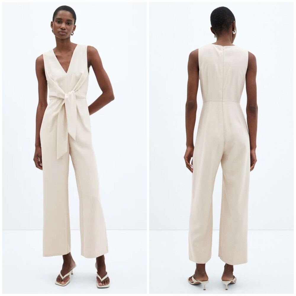 MNG Mango Beige Tie Front Jumpsuit Wide Leg Neutral Resort Sleeveless Medium